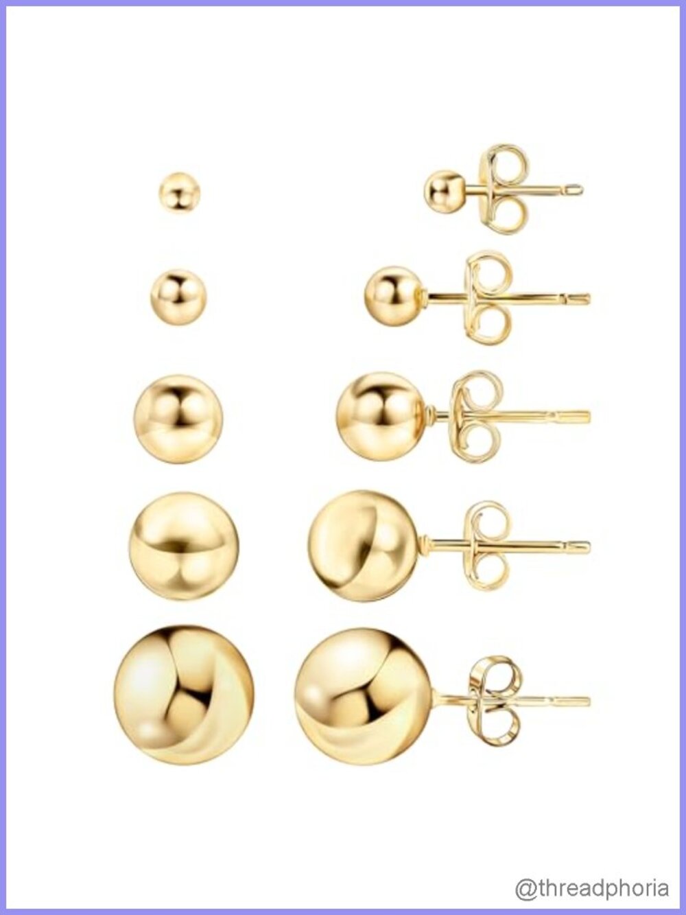 18K Gold Plated Ball Stud Earrings Set 5 Pack 3-10mm High Polish